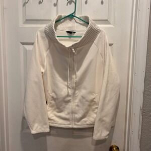 Lands' End Women's XL Ivory‎ Fleece Full Zip Jacket Knit Collar Pockets